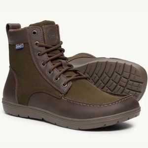 Women’s Lems Boulder Boots Lace up barefoot boots in brown with plaid insides